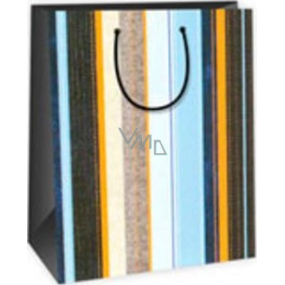 Ditipo Dárková papírová taška 26,4 x 13,6 x 32,7 cm modro hnědo oranžové svislé pruhy DAB