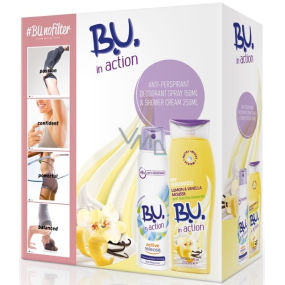B.U. In Action Active Release antiperspirant deodorant sprej pro ženy 150 ml + In Action Lemon & Vanilla Mousse sprchový gel 250 ml, kosmetická sada