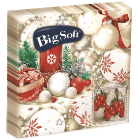 Big Soft Papírové ubrousky 2 vrstvé 33 x 33 cm 20 kusů Vánoční Svíčky a baňky bílo-červené
