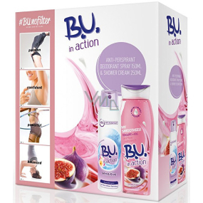 B.U. In Action Sensitive antiperspirant deodorant sprej pro ženy 150 ml + In Action Yogurt + Fig sprchový gel 250 ml, kosmetická sada
