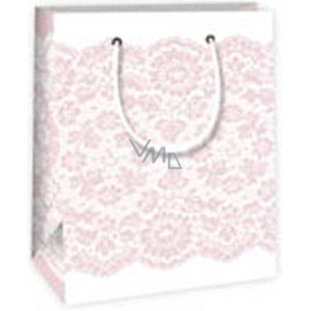 Ditipo Dárková papírová taška 11,4 x 6,4 x 14,6 cm bílá s růžovou krajkou