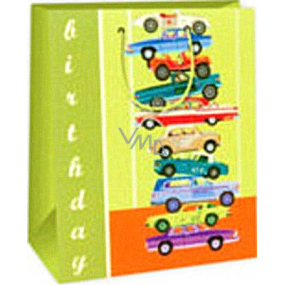 Ditipo Dárková papírová taška 26,4 x 13,7 x 32,4 cm zelená auta