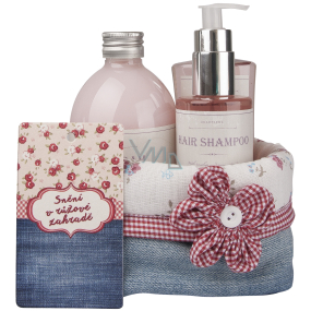 Bohemia Gifts Rosarium s extrakty z šípků a květů růže sprchový gel 250 ml + šampon 200 ml + pěna do koupele 500 ml + látkový košík, Růžové snění kosmetická sada