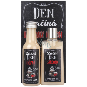 Bohemia Gifts Kofein a Olivový olej sprchový gel 200 ml + koupelová lázeň 200 ml + dekorační obraz Den začíná dobrou kávou.. 13 x 24 cm, kosmetická sada