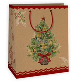 Ditipo Dárková kraftová taška 18 x 8 x 24 cm béžová s vánočním stromkem