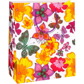 Ditipo Dárková papírová taška 26,4 x 13,7 x 32,4 cm bílá, motýli, květy