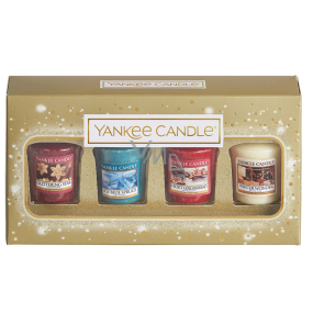 Yankee Candle Zimní zázrak + Perník s polevou + Zářivá hvězda + Zledovatělý modrý smrk, vonná svíčka votivní 4 x 49 g vánoční dárková sada