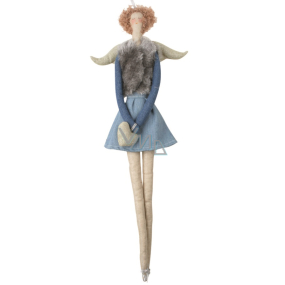 Andělka látková v džínové a šedé vestě na zavěšení 43 cm