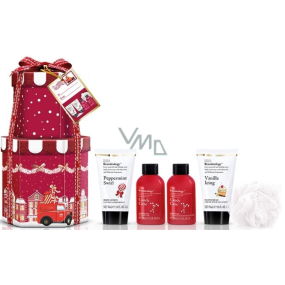 Baylis & Harding Červená kolekce Sladká tyčinka tělové mýdlo 100 ml + Sladká tyčinka sprchový gel 100 ml + Peprmintový vír tělové mléko 50 ml + Vanilková poleva krém na ruce 50 ml + Sladká tyčinka krystalky do koupele 25 g + masážní houbička, kosmetická sada