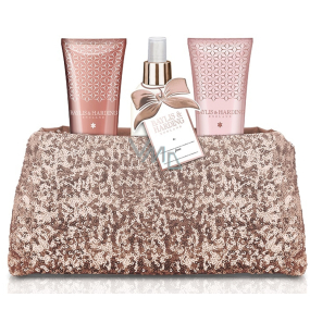 Baylis & Harding Jojoba, Hedvábí a Mandlový olej sprchový gel 100 ml + mléko na ruce a tělo 100 ml + tělový sprej 100 ml + růžová flitrová kabelka, kosmetická sada