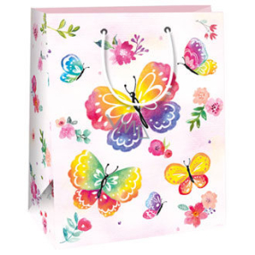 Ditipo Dárková papírová taška 18 x 10 x 22,7 cm růžovo-bílá, motýlci, květy