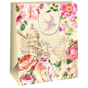 Ditipo Dárková papírová taška 26,4 x 13,7 x 32,4 cm béžová, barevné květy