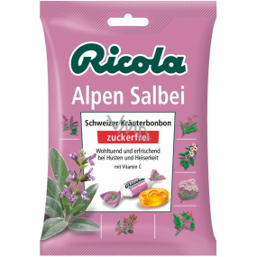 Ricola Salbei - Šalvěj švýcarské bylinné bonbóny bez cukru s vitamínem C z 13 bylin, proti zánětu dutiny ústní, horečce a chrapotu 75 g