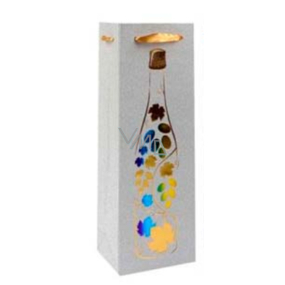 Ditipo Dárková papírová taška na láhev Glitter 12 x 35 x 9 cm stříbrná, flaška, barevné hrozny