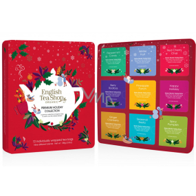 English Tea Shop Bio Prémiová červená kolekce - Mátové cukroví + Červený Chai s třešní + Ovocný rooibos + Šťastné vánoce + Zázvor a brusinka + Sezonní siesta + Kořeněná dýně + Zimní ovoce + Ananasový punč, 72 kusů čajů, 9 příchutí, 108 g, dárková sada v plechové dóze