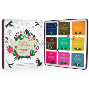 English Tea Shop Bio Prémiová bílá kolekce - Bílá Vánoční noc + Náboj Chai-e + Irské vánoce + Káva a kakao + Mátový punč + Přízračné koření + Silná broskev + Sváteční povzbuzení + Zimní rovnováha, 72 kusů čajů, 9 příchutí, 108 g, dárková sada v plechové dóze