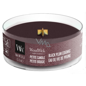 WoodWick Black Plum Cognac - Koňak z černých švestek vonná svíčka s dřevěným knotem petite 31 g