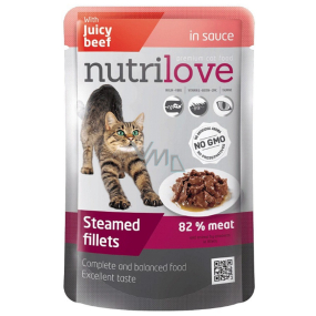 Nutrilove Dušené filetky se šťavnatým hovězím v omáčce kompletní krmivo pro kočky kapsička 85 g