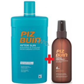 Piz Buin Tan & Protect SPF6 ochranný olej urychlující proces opalování 150 ml sprej + After Sun Soothing & Cooling mléko po opalování s aloe vera, hydratuje a chladí, redukuje zarudnutí způsobené UV zářením 400 ml, duopack