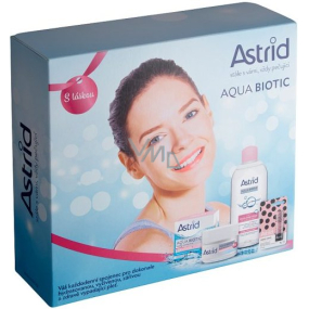 Astrid Aqua Biotic denní a noční krém pro suchou a citlivou pleť 50 ml + 3v1 micelární voda 400 ml + Trendy edice Perleťový lesk tónovací balzám na rty 4,8 g, kosmetická sada