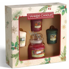 Yankee Candle Magical Christmas Morning Unwrap The Magic - Rozbalte kouzlo vonná svíčka Classic malá sklo 104 g + Singing Carols - Zpívání koled + Holiday Hearth - Sváteční krb + Surprise Snowfall - Sněhové překvapení vonná svíčka votivní 3 x 49 g, vánoční dárková sada