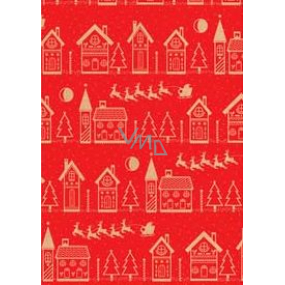 Ditipo Dárkový balicí papír 70 x 200 cm Vánoční KRAFT červený béžové domečky