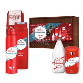 Old Spice White Water Wooden antiperspirant deodorant stick 50 ml + deodorant sprej 150 ml + sprchový gel 250 ml + voda po holení 100 ml + ponožky + dřevěný box, kosmetická sada pro muže