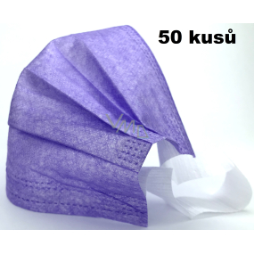 Rouška 3 vrstvá ochranná zdravotní netkaná jednorázová, nízký dýchací odpor 50 kusů fialová se širokými gumičkami