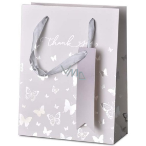 Emocio Dárková papírová taška 18 x 23 x 8 cm Bílá se stříbrnými motýlky