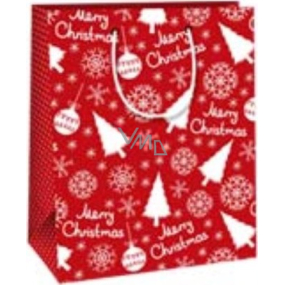 Ditipo Dárková papírová taška 18 x 10 x 22,7 cm Vánoční červená - bílé stromky, nápisy, baňky