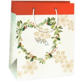 Ditipo Dárková papírová taška 18 x 8 x 24 cm Kraft Vánoční béžová - věneček srdíčko