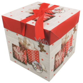 Dárková krabička skládací s mašlí Vánoční s dárky a perníčkem 16,5 x 16,5 x 16,5 cm