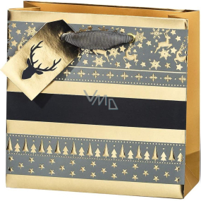 BSB Luxusní dárková papírová taška 14,5 x 15 x 6 cm Vánoční zlatá se soby a stromky VDT 445 - CD