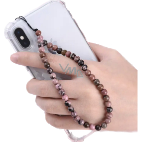 Rodonit přívěsek na mobilní telefon proti ztrátě, přírodní kámen korálek 6 mm / 28,5 cm, kámen odpuštění