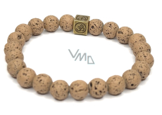 Láva světle hnědá s královskou mantrou Óm, náramek elastický přírodní kámen, kulička 8 mm / 16 - 17 cm, zrozen ze čtyř živlů