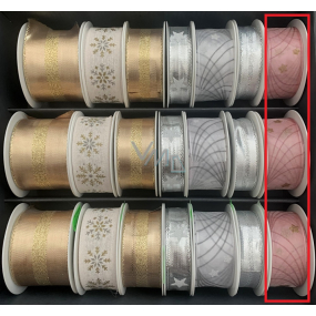 Nekupto Stuha látková vánoční Růžová zlaté hvězdičky 25 mm x 2,5 m