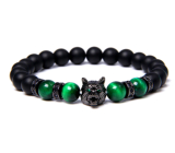 Onyx černý matný + Tygří oko zelené + Vlčí hlava náramek elastický přírodní kámen, kulička 8 mm / 21 cm
