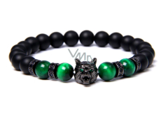 Onyx černý matný + Tygří oko zelené + Vlčí hlava náramek elastický přírodní kámen, kulička 8 mm / 21 cm