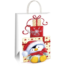 Ditipo Dárková papírová taška 27 x 12 x 37 cm Vánoční tučňák s dárečky