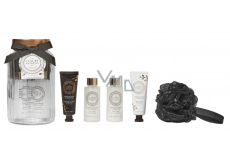 Grace Cole Růže & Geránium tělový krém 50 ml + krém na ruce a nehty 50 ml + sprchový gel 100 ml + pěna do koupele 100 ml + koupelová houba + skleněná nádoba, kosmetická sada pro ženy