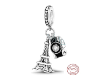 Charm Sterlingové stříbro 925 Paříž Eiffelova věž + fotoaparát, pozdrav z Francie, 2v1 přívěsek na náramek cestování