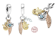 Charm Sterlingové stříbro 925 Ochranný amulet, ruka Fatimy, oko proroka a peříčko, talisman 3v1, přívěsek na náramek symbol