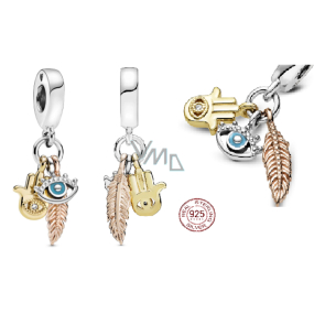 Charm Sterlingové stříbro 925 Ochranný amulet, ruka Fatimy, oko proroka a peříčko, talisman 3v1, přívěsek na náramek symbol
