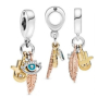 Charm Sterlingové stříbro 925 Ochranný amulet, ruka Fatimy, oko proroka a peříčko, talisman 3v1, přívěsek na náramek symbol