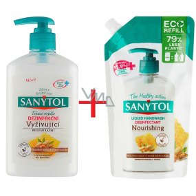 Sanytol Vyživující Mandlové mléko & Mateří kašička dezinfekční mýdlo 250 ml dávkovač + náhradní náplň 500 ml, duopack
