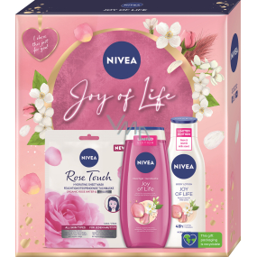 Nivea Joy of Life Rose Touch textilní pleťová maska 1 kus + Joy of Life sprchový gel 250 ml + Joy of Life tělové mléko 250 ml, kosmetická sada pro ženy