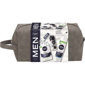 Nivea Men Feeling Sensitive Invisible Black & White Original kuličkový antiperspirant roll-on 50 ml + Sensitive balzám po holení 100 ml + Sensitive gel na holení 200 ml + Labello for Men Active Care balzám na rty 4,8 g + kosmetická taška, kosmetická sada pro muže