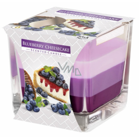 Emocio Blueberry Cheescake - Borůvkový cheesecake tříbarevná vonná svíčka sklo hranol 80 x 80 mm, doba hoření až 32 hodin