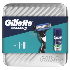 Gillette Mach3 holicí strojek + Soothing Sensitive gel na holení s aloe vera 75 ml + plechová krabička, kosmetická sada pro muže