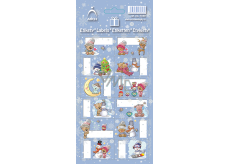 Arch Vánoční etikety samolepky na dárky Medvídek s čepicí, světle modrý arch 12 etiket